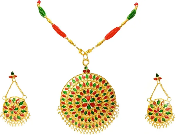 Assamese_Traditional_Gold_Plated_Red_Green_Colour_Japi_Tassel_Jewellery_Set_For_Women